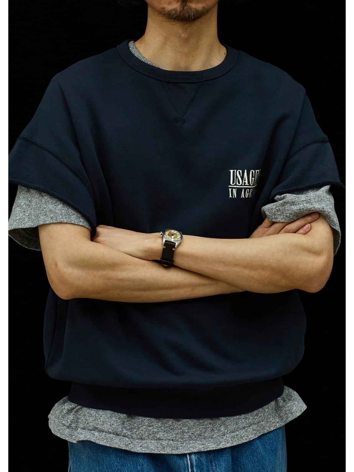 USAGE Raw Edge Cotton Short Sleeve Sweatshirt in Navy Blue - On Male Model