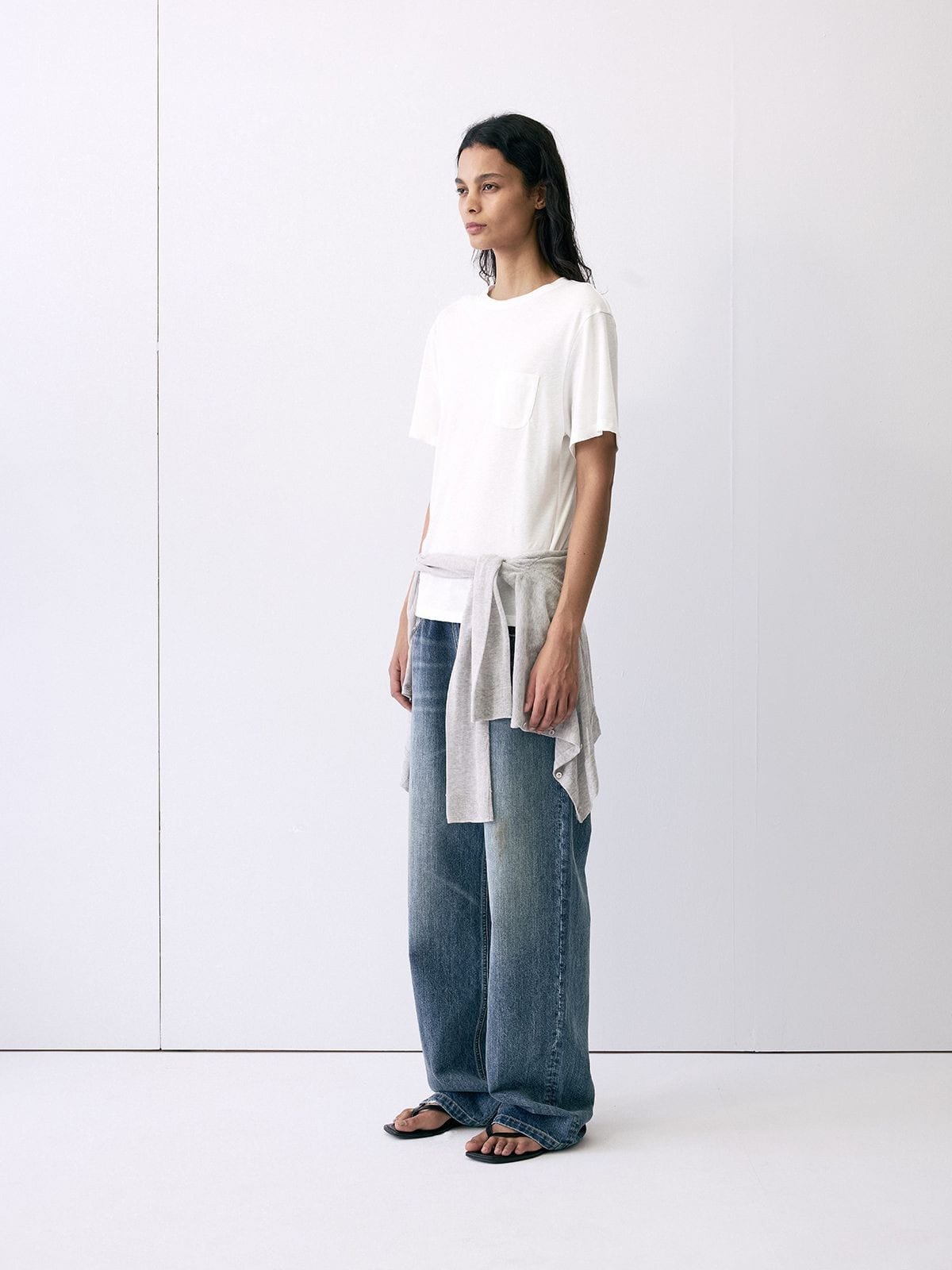 Random Piece Linen Blend Pocket T Shirt in White - On Female Model