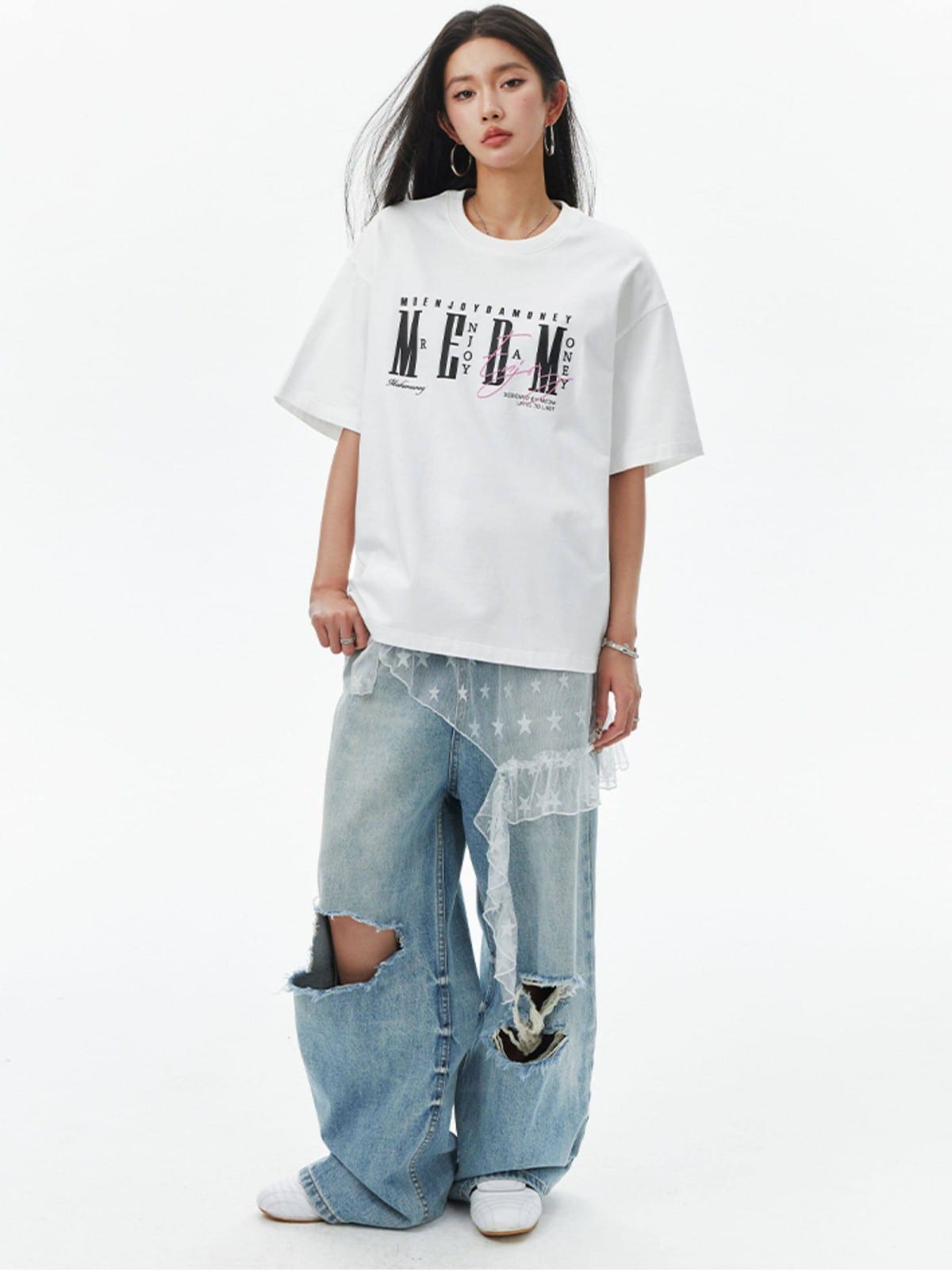 MEDM Vintage Logo Typography Cotton T Shirt in White - On Female Model
