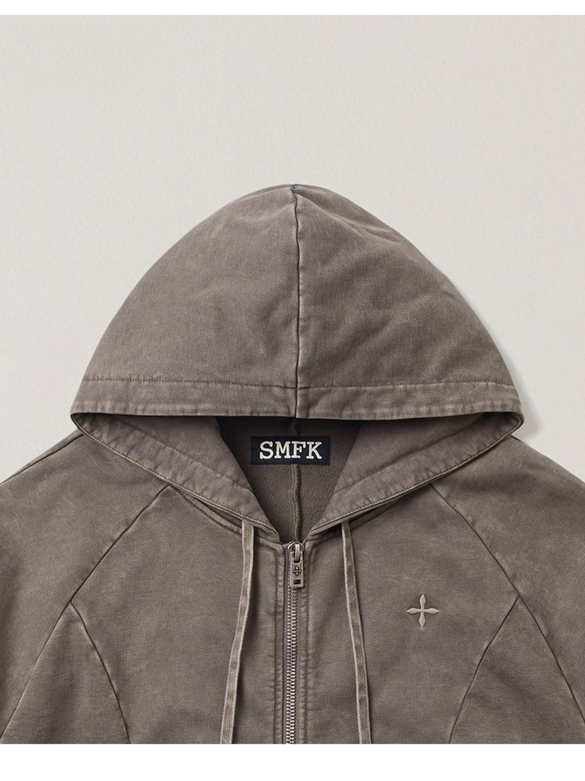 SMFK Distressed Washed Cotton Zip Up Hoodie in Dark Gray - Detail