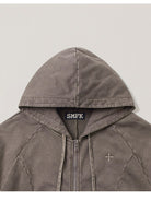 SMFK Distressed Washed Cotton Zip Up Hoodie in Dark Gray - Detail