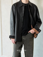 Roolrren homme Vegetable Tanned Sheepskin Shirt Jacket in Black - On Male Model