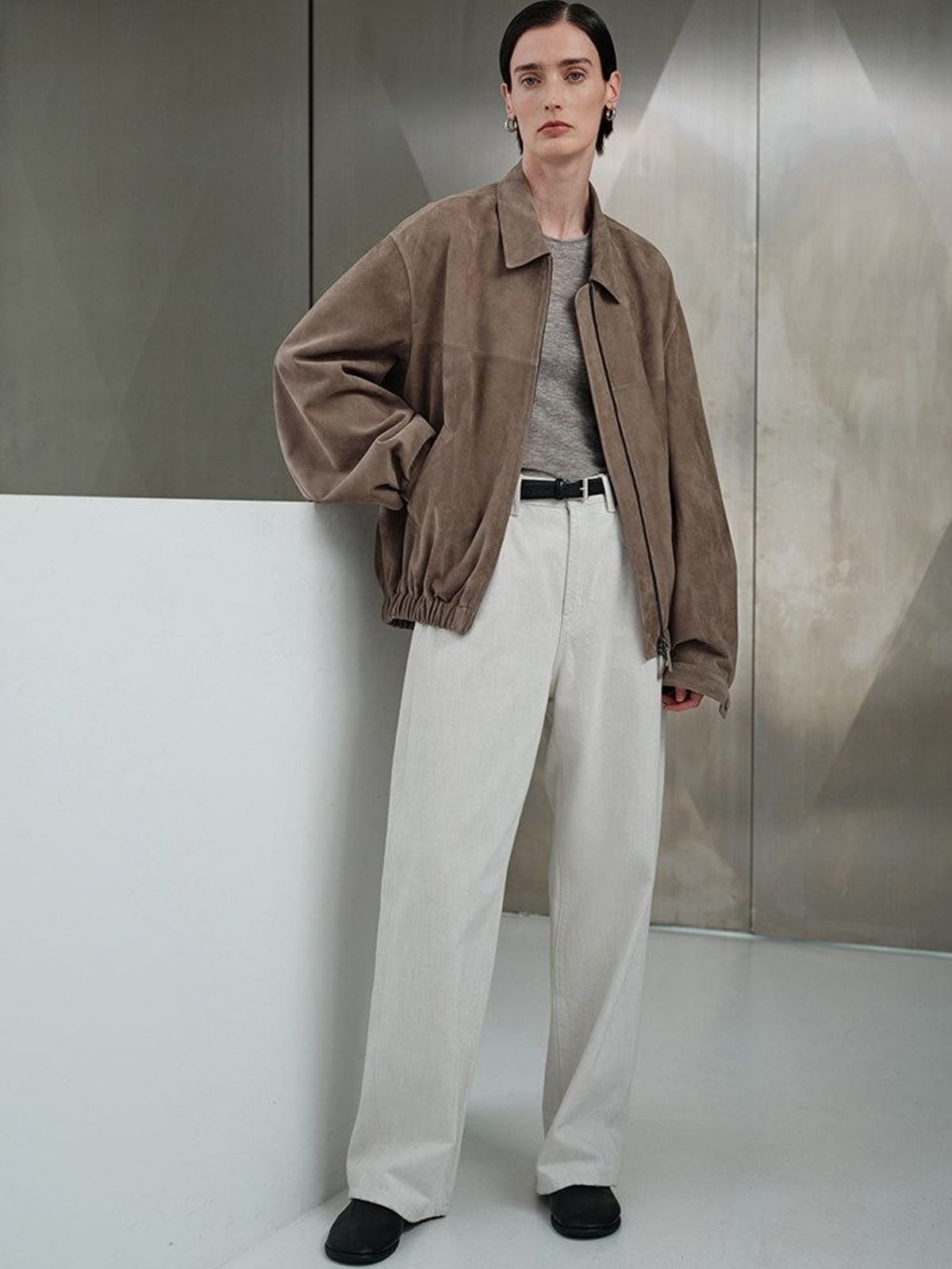 MSBEAST Broad Shoulder Sheepskin Jacket in Beige - On Female Model