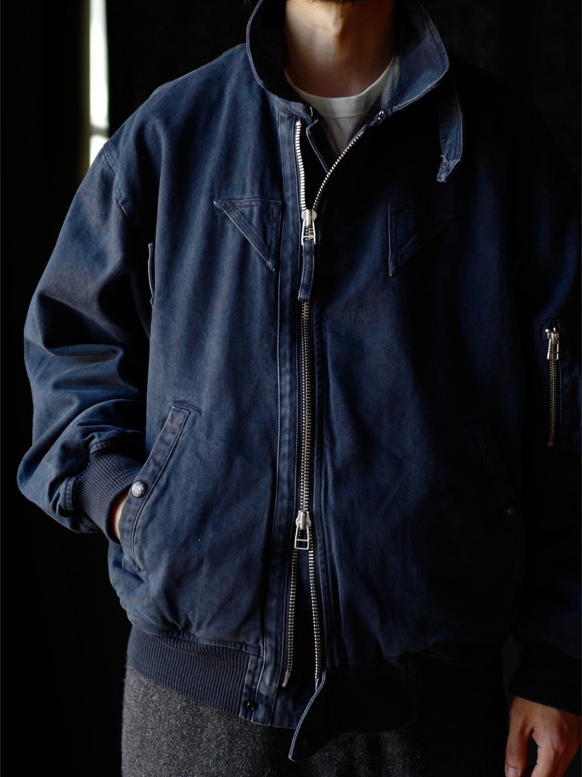 USAGE Washed Cotton Lyocell B 15 Bomber in Navy - On Male Model