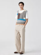 SIMPLE PROJECT Cotton Straight Leg Chino Trousers in Beige - On Male Model