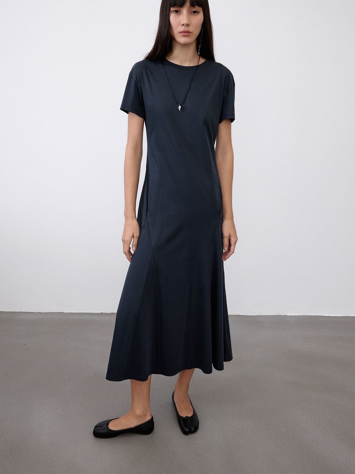 Random Piece Paneled Cotton Blend Fishtail Dress in Blue - On Female Model