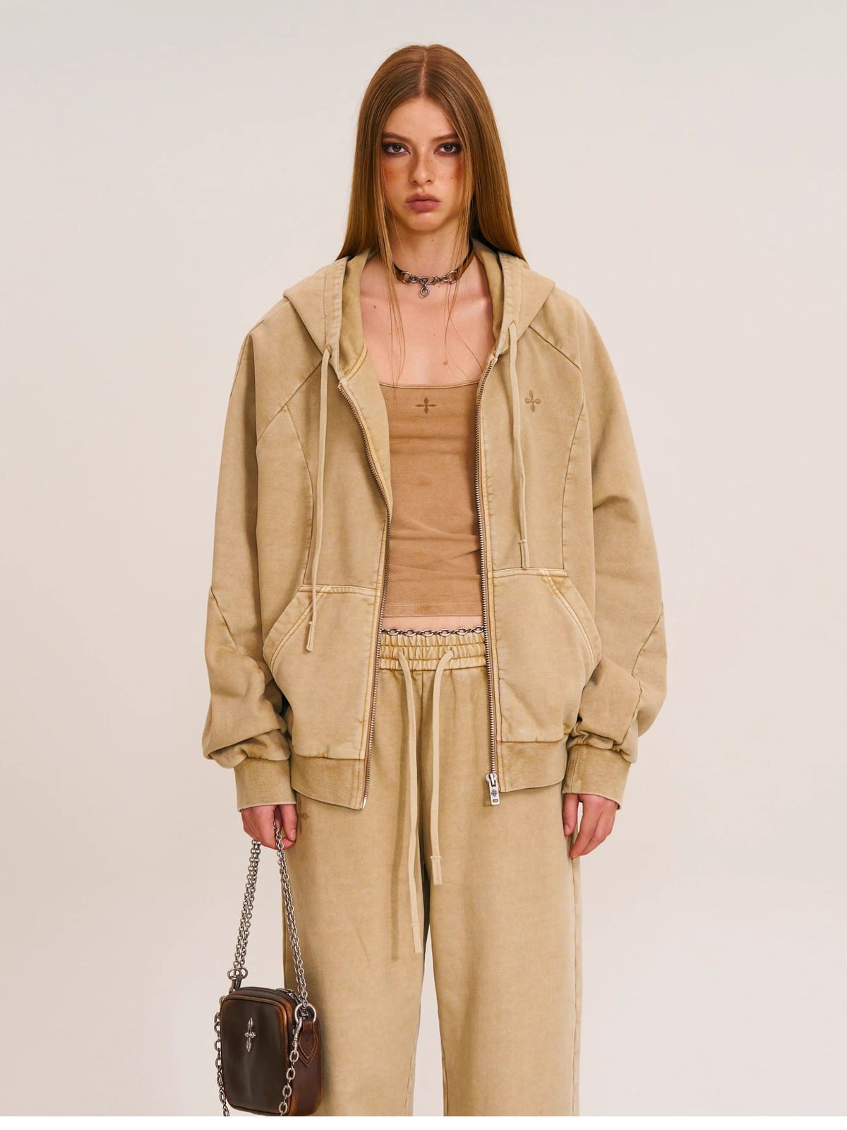 SMFK Washed Cotton Zip Up Hoodie in Beige - On Female Model