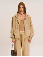SMFK Washed Cotton Zip Up Hoodie in Beige - On Female Model