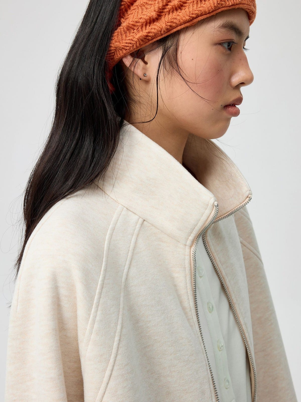 SIMPLE PROJECT Ruffled Adjustable Collar Zip Hoodie in Beige - On Female Model