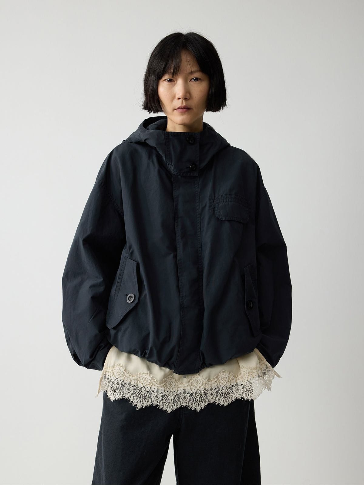 Random Piece Cotton Blend Cropped Drawstring Jacket in Navy Blue - On Female Model