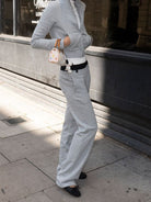 RARELY ALIKE Stand Collar Cotton Zip Up Jacket in Gray - On Female Model
