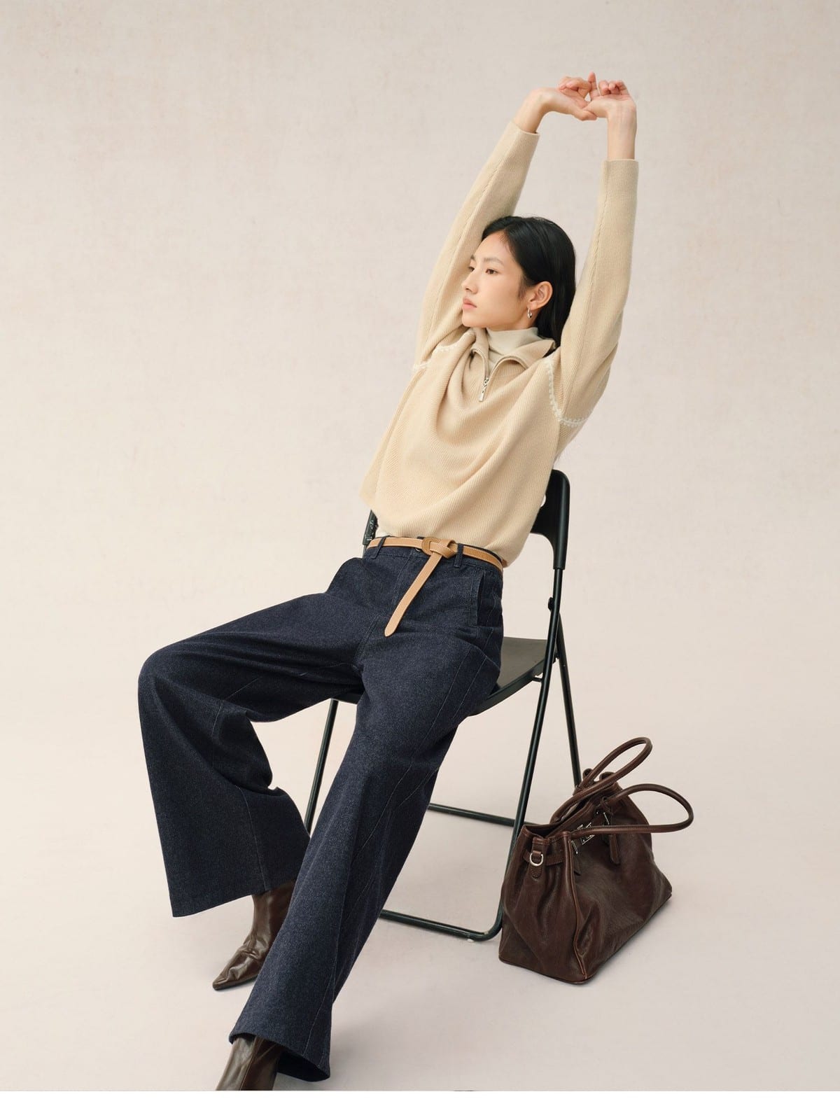 TEASEL Wide Leg Raw Denim Jeans with Braided Belt in Blue - On Female Model