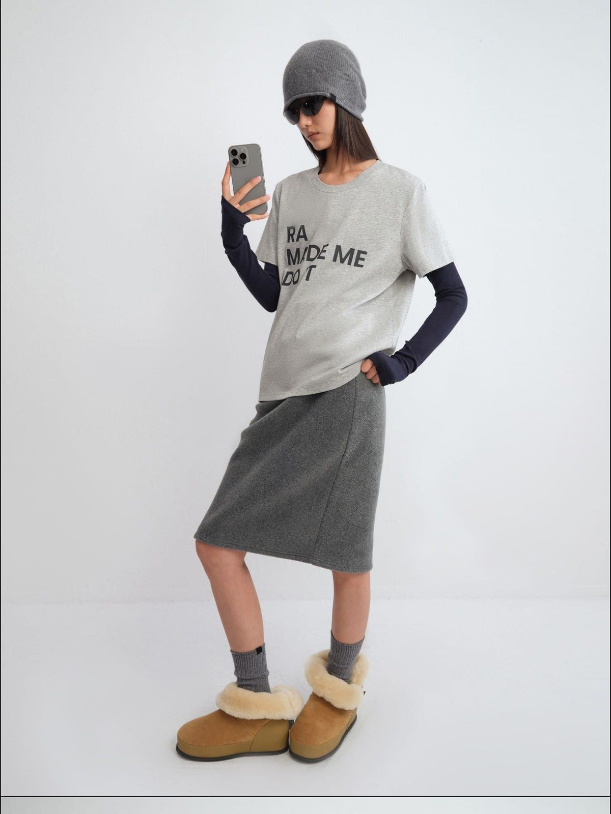 RARELY ALIKE Anniversary Slogan Cotton T Shirt in Gray - On Female Model