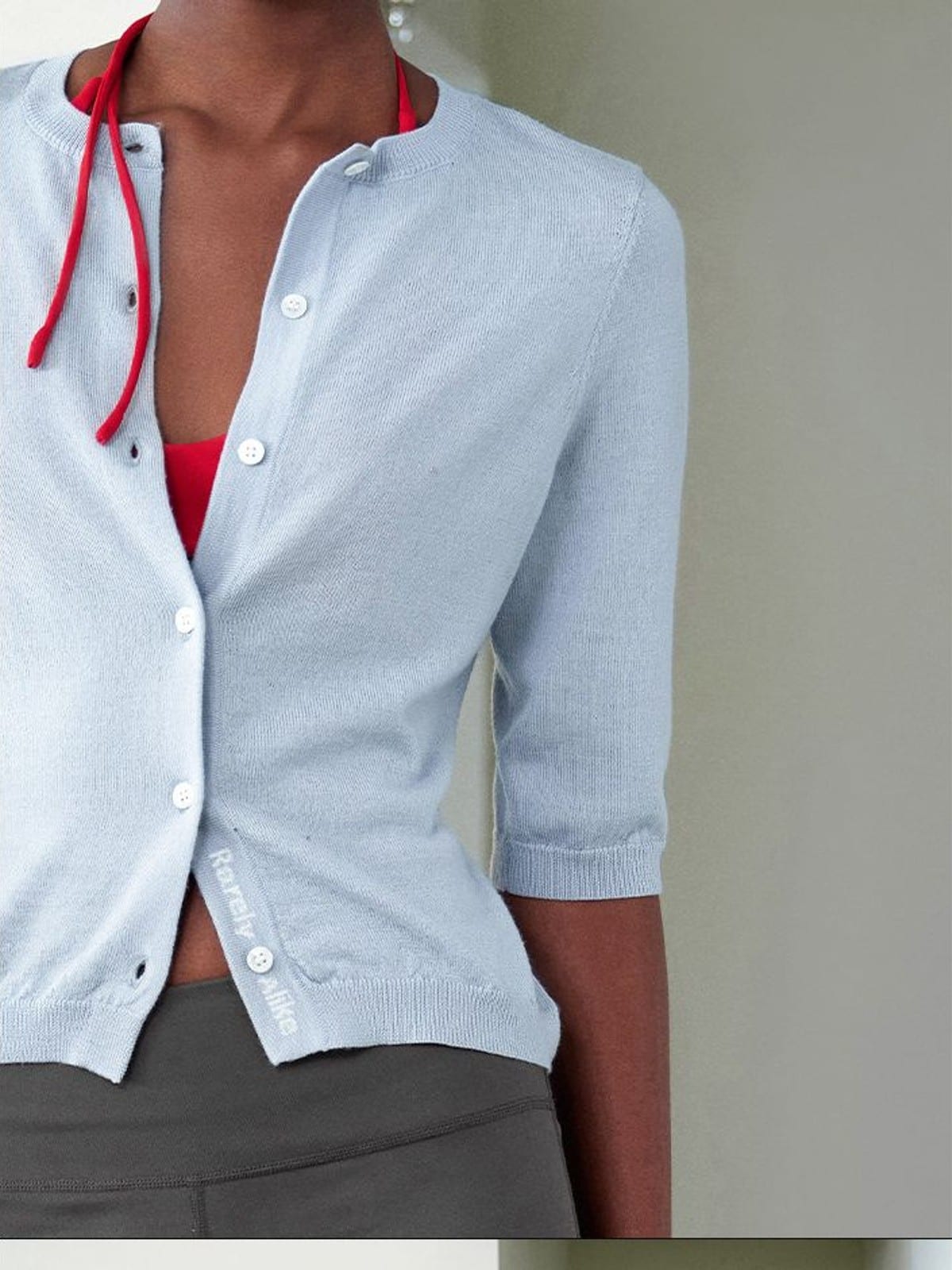 RARELY ALIKE Pure Wool Half Sleeve Cardigan in Sky Blue - On Female Model