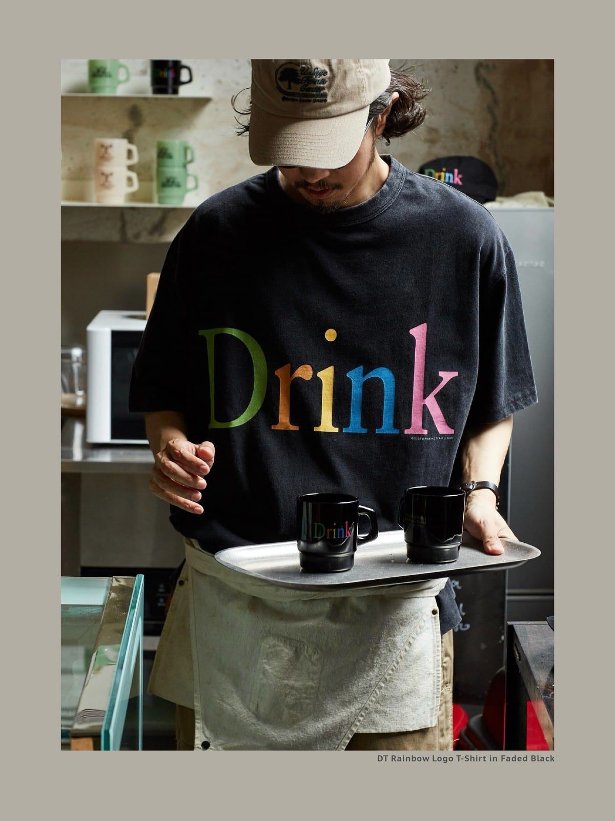 USAGE Faded Rainbow Logo T Shirt in Black - On Male Model