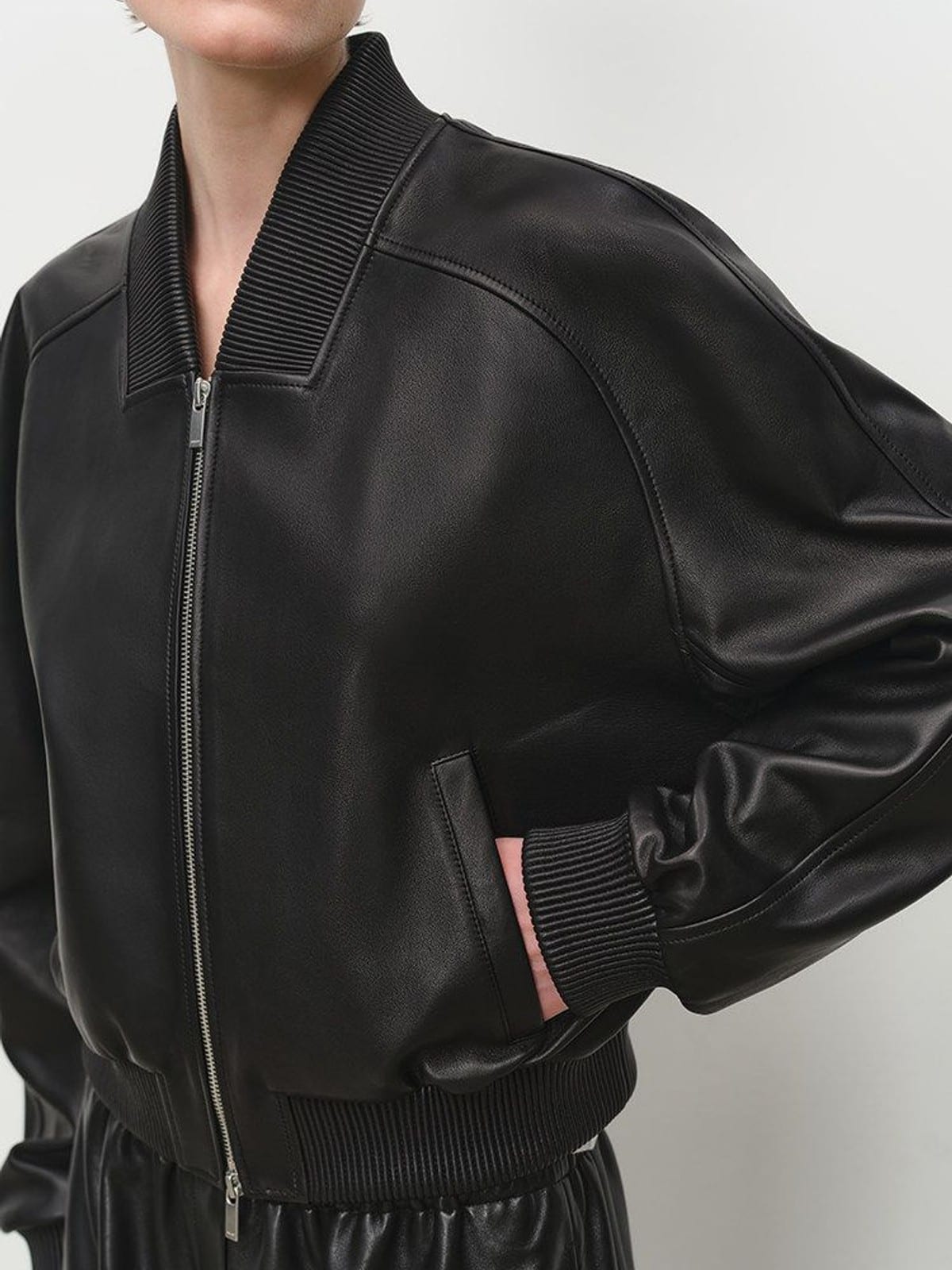 MSBEAST Double Zip Cropped Sheepskin Leather Jacket in Black - On Female Model