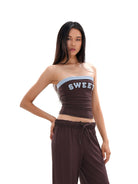 SweetChilling Applique Contrast Trim Bandeau Top in Brown - On Female Model