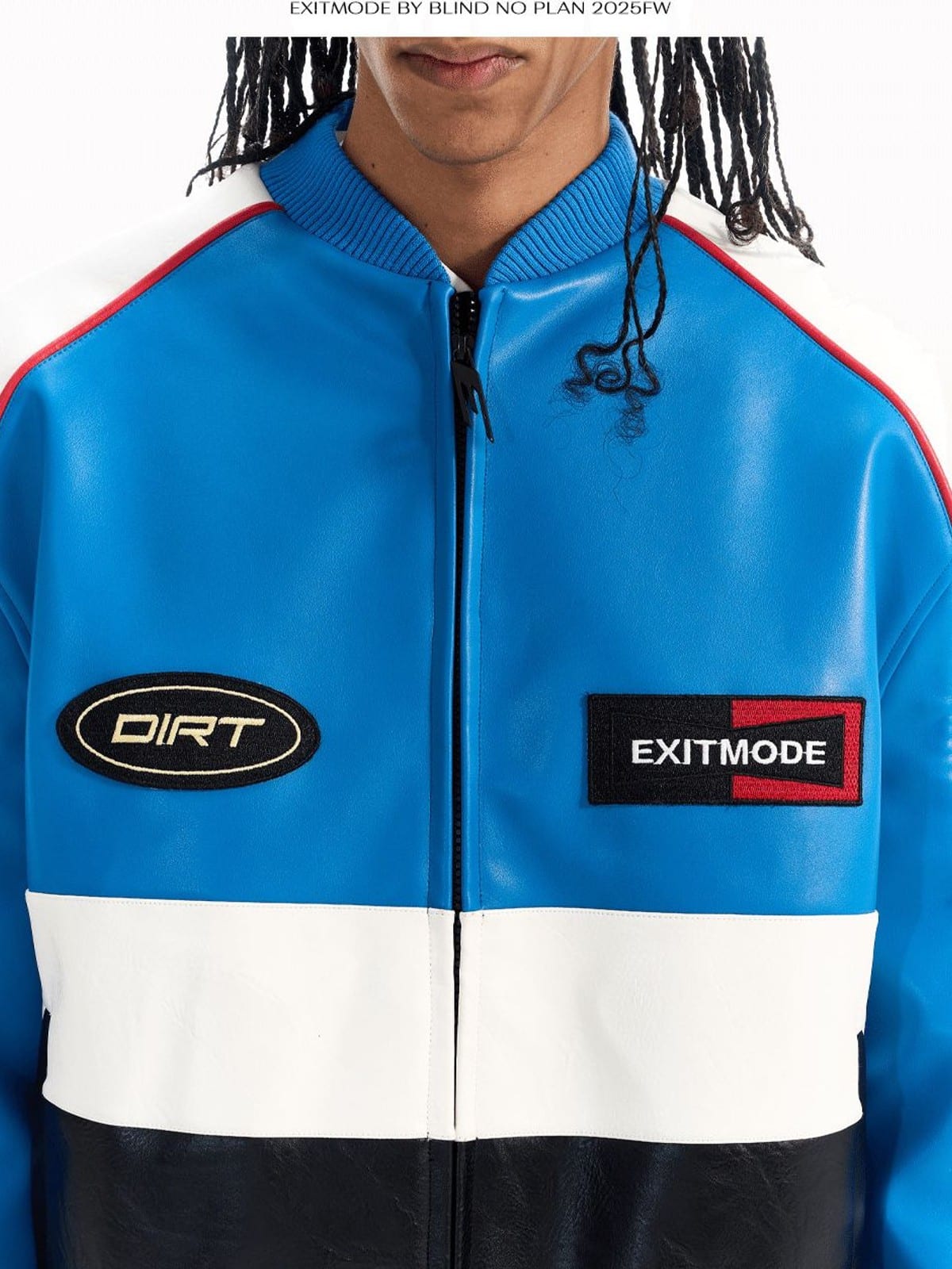 BLINDNOPLAN Color Block Faux Leather Padded Jacket in Blue - On Male Model