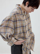 SIMPLE PROJECT Shawl Collar Crinkled Plaid Shirt in Khaki - On Model