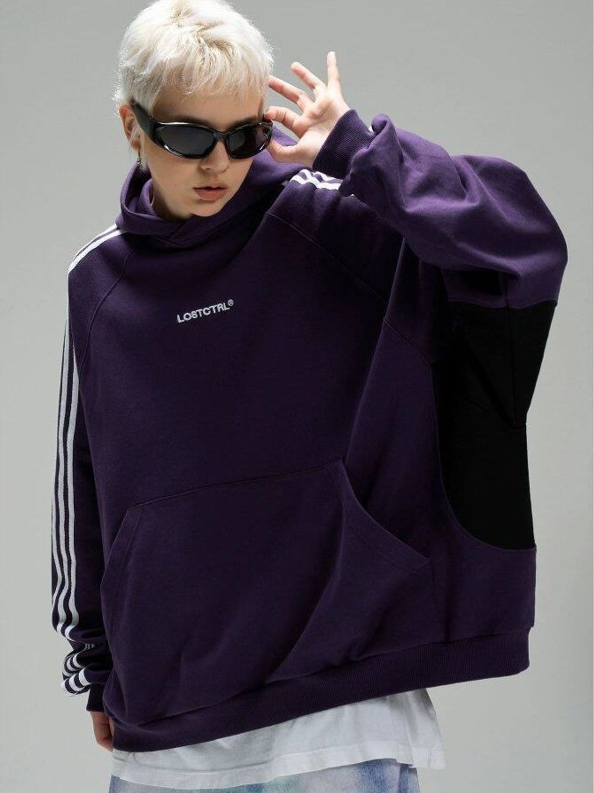 LOSTCTRL Three Stripe Cotton Hoodie in Purple - On Female Model