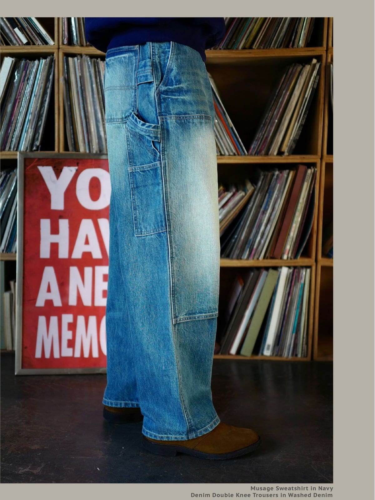 USAGE Washed Denim Double Knee Trousers in Denim - On Model