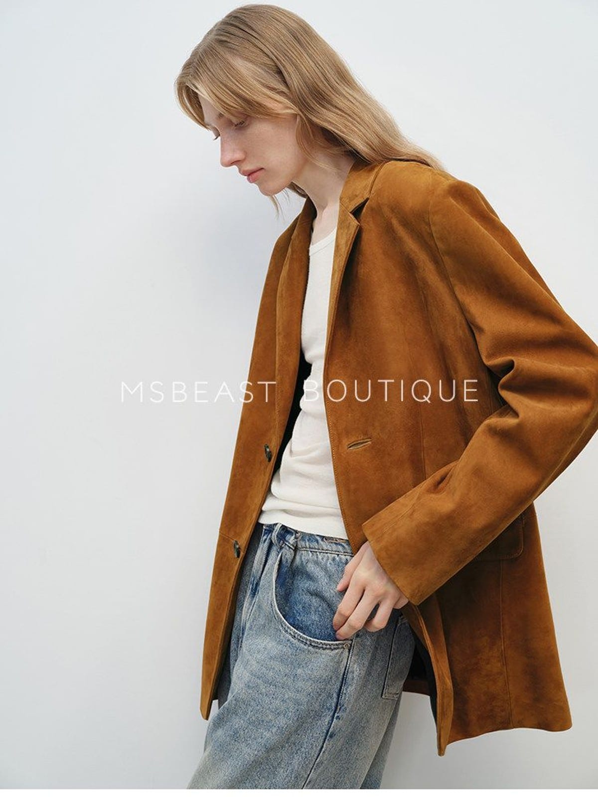 MSBEAST Oversized Sheepskin Suede Blazer in Dark Brown - On Female Model
