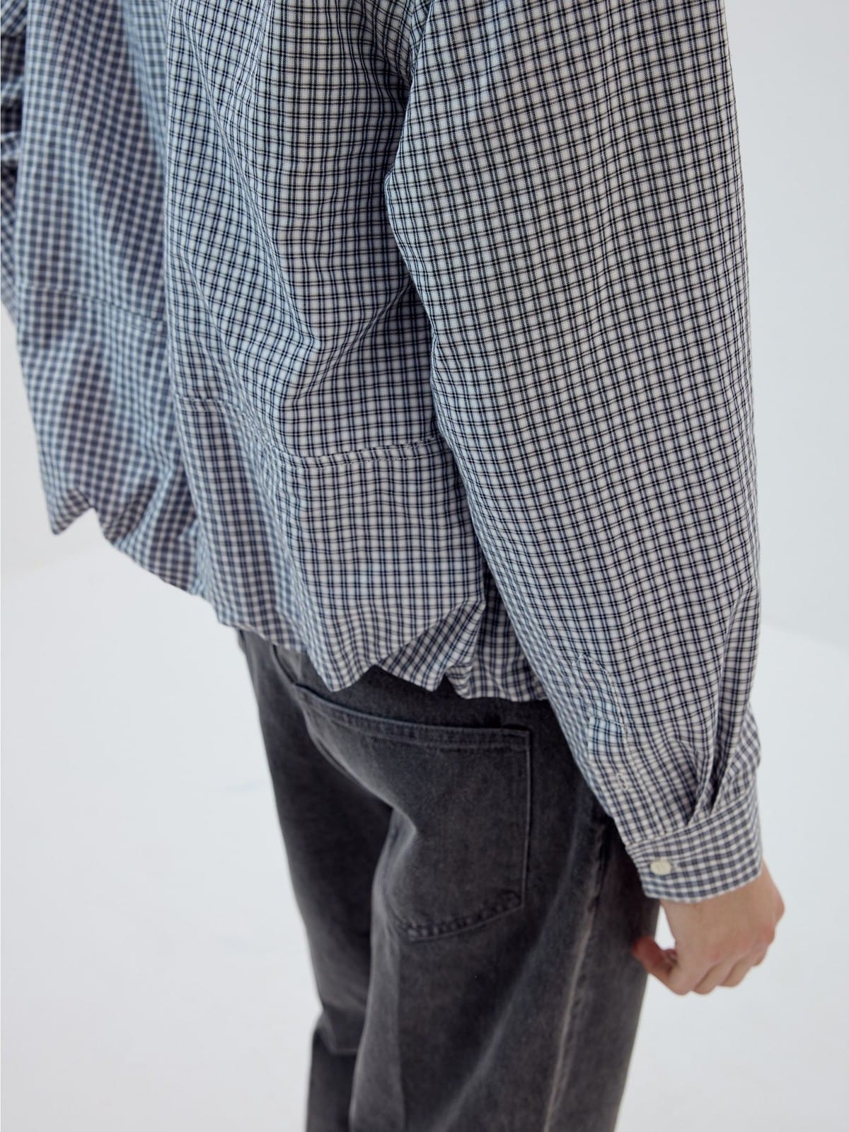 SIMPLE PROJECT Half Placket Plaid Popover Shirt in Navy Blue - On Model
