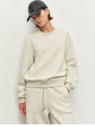 MSBEAST Fleece Lined Cotton Sweatshirt Pants Set in Beige - On Female Model