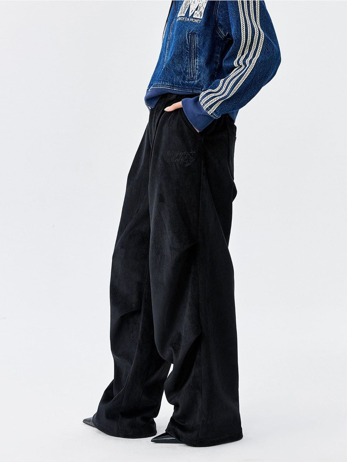 MEDM Wide Leg Parachute Cargo Pants in Black - On Model