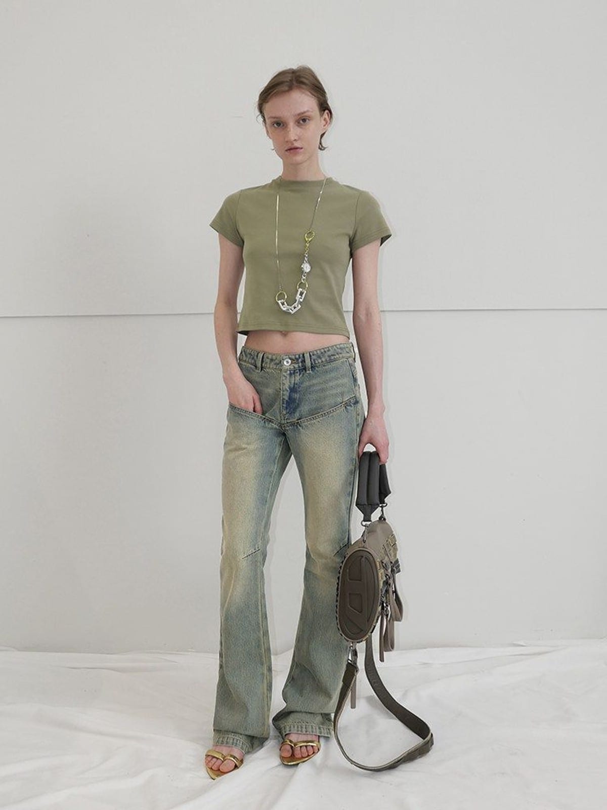 RARELY ALIKE Cropped Cotton Crew Neck T Shirt in Olive - On Female Model