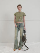 RARELY ALIKE Cropped Cotton Crew Neck T Shirt in Olive - On Female Model