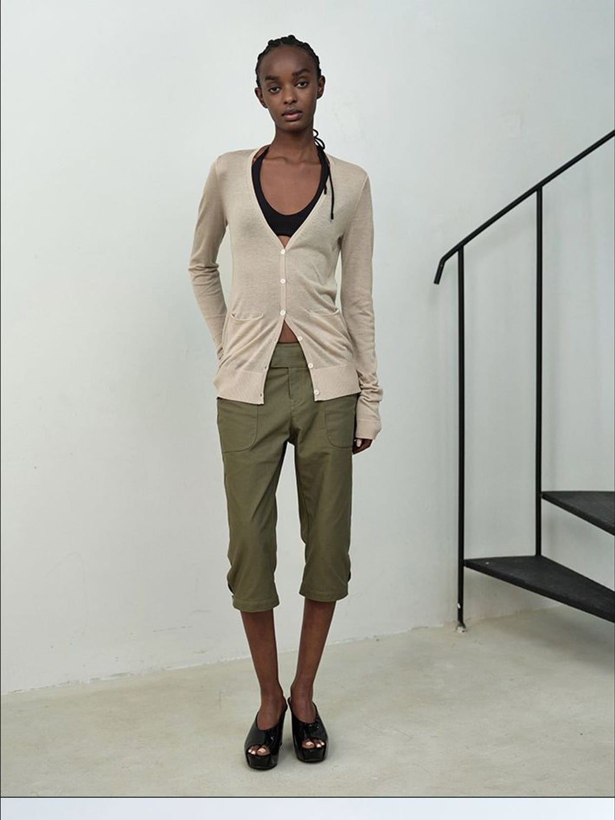 RARELY ALIKE Silk Wool V Neck Backless Cardigan in Olive - On Female Model