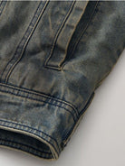 D5ove Faux Fur Collar Distressed Denim Jacket in Gray - Detail