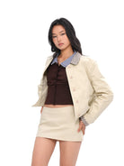 SweetChilling Contrast Collar Cotton Barn Jacket in Beige - On Female Model