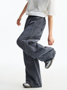 MEDM Glossy Piped Techwear Track Pants in Gray - On Model