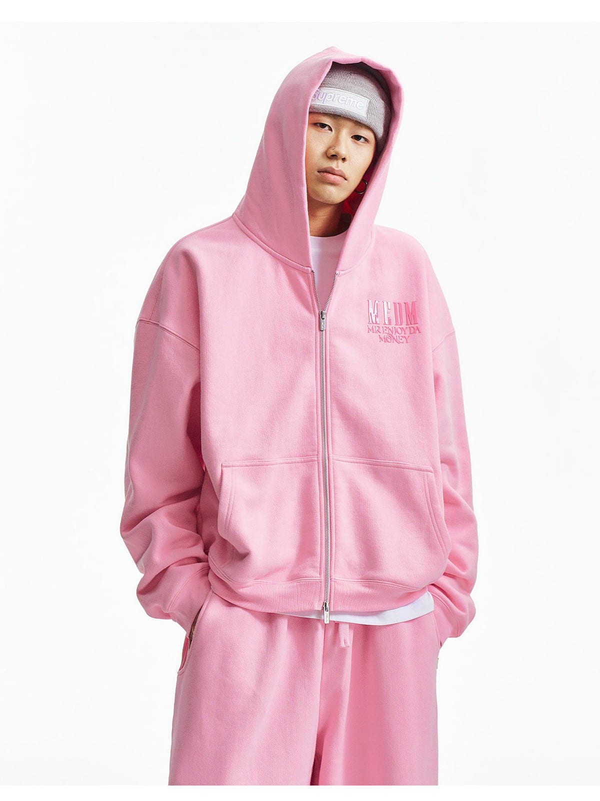 MEDM 3D Logo Two Way Zip Cotton Hoodie in Pink - On Male Model