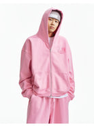 MEDM 3D Logo Two Way Zip Cotton Hoodie in Pink - On Male Model