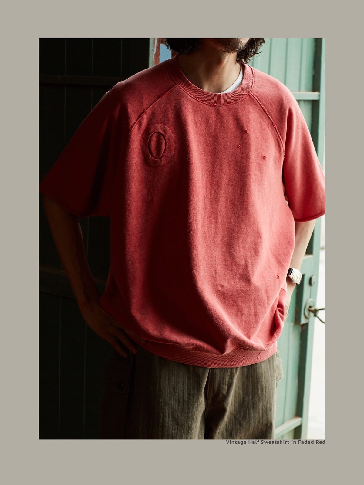 USAGE Vintage Wash Distressed Short Sleeve Sweatshirt in Red - On Male Model