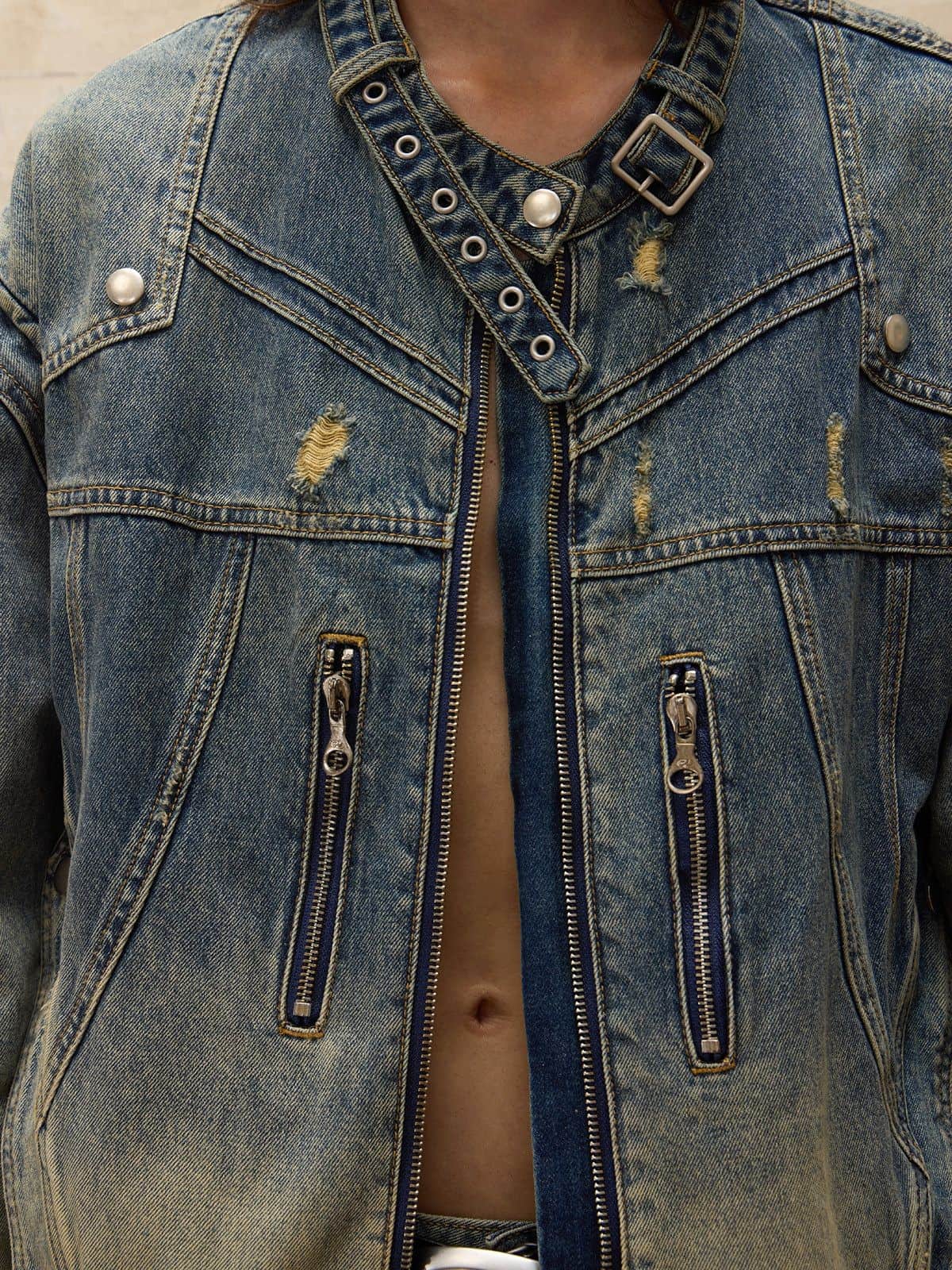 PERSONSOUL Gradient Distressed Denim Jacket in Denim - On Female Model