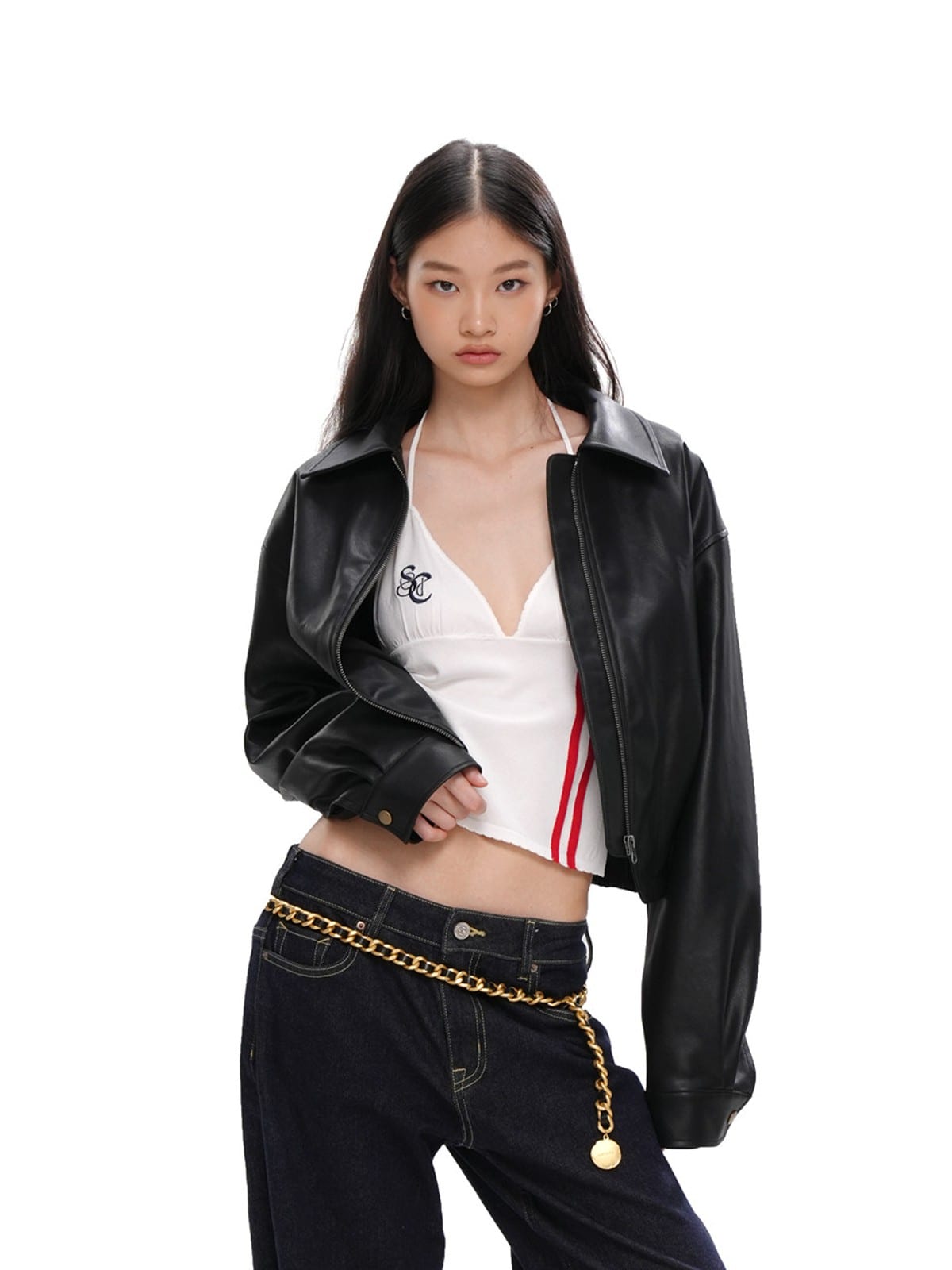SweetChilling Fleece Lined Cropped Faux Leather Jacket in Black - On Female Model
