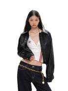 SweetChilling Fleece Lined Cropped Faux Leather Jacket in Black - On Female Model