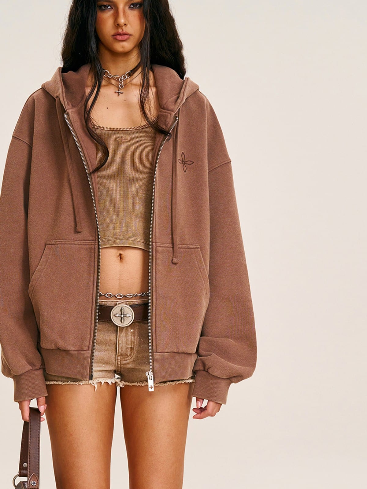 SMFK Cross Embroidered Zip Up Hoodie in Brown - On Female Model