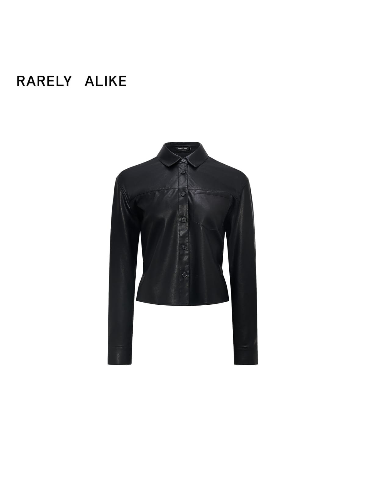 RARELY ALIKE Cropped Faux Leather Button Down Shirt in Black