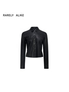 RARELY ALIKE Cropped Faux Leather Button Down Shirt in Black