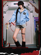 MEDM Tufted Embroidery Zip Up Hoodie in Sky Blue - On Female Model