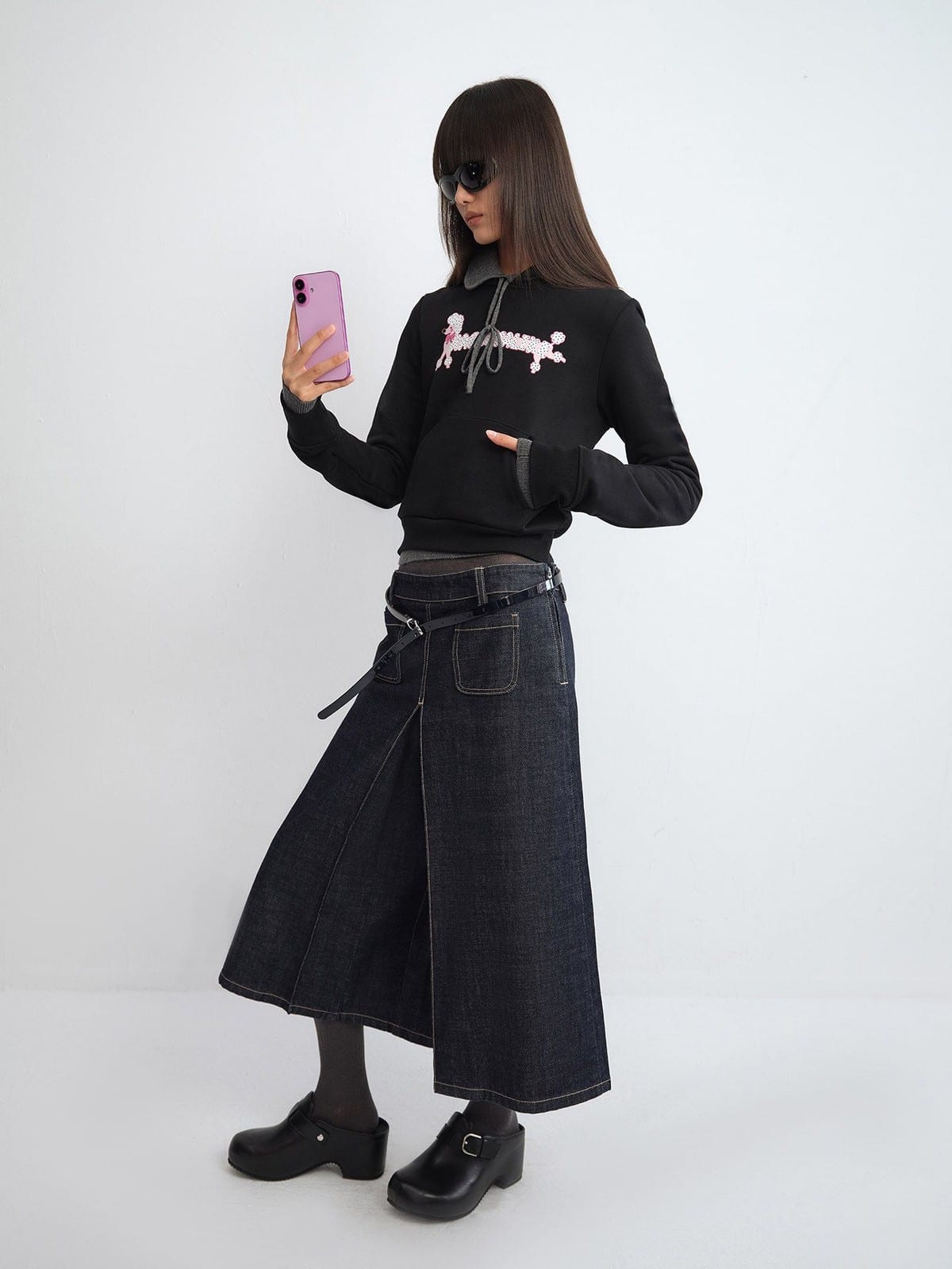 RARELY ALIKE Polka Dot Poodle Cropped Hoodie in Black - On Female Model