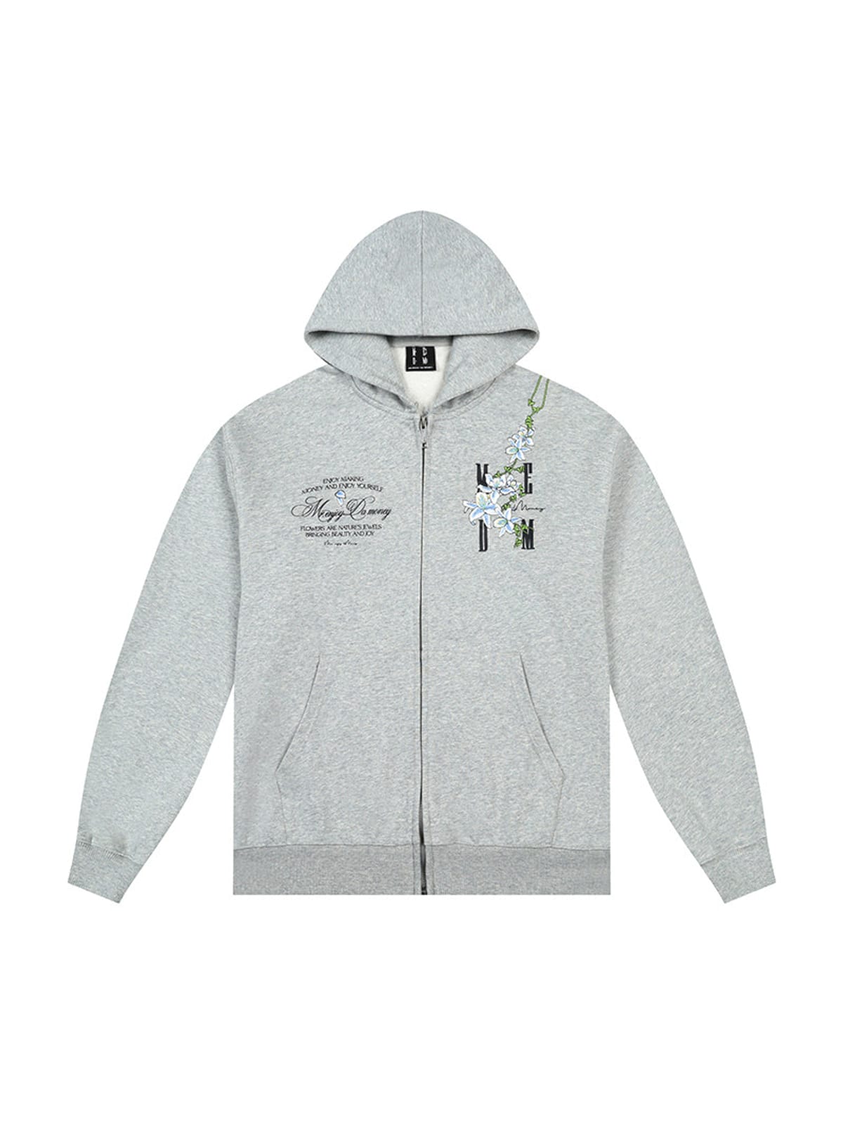 MEDM Floral Embroidered Zip Up Hoodie in Gray