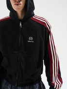 BLINDNOPLAN Contrast Tape Zip Up Hoodie in Black - On Male Model