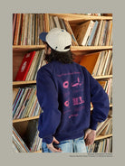 USAGE Heavyweight Raglan Graphic Sweatshirt in Navy Blue - On Model