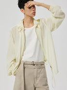 SIMPLE PROJECT Sheer Nylon UV Protection Shirt in White - On Male Model